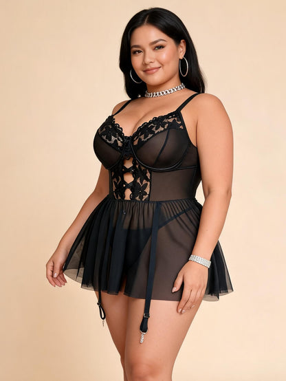 Plus Size Black Lace & Mesh Babydoll Chemise with Garter Straps