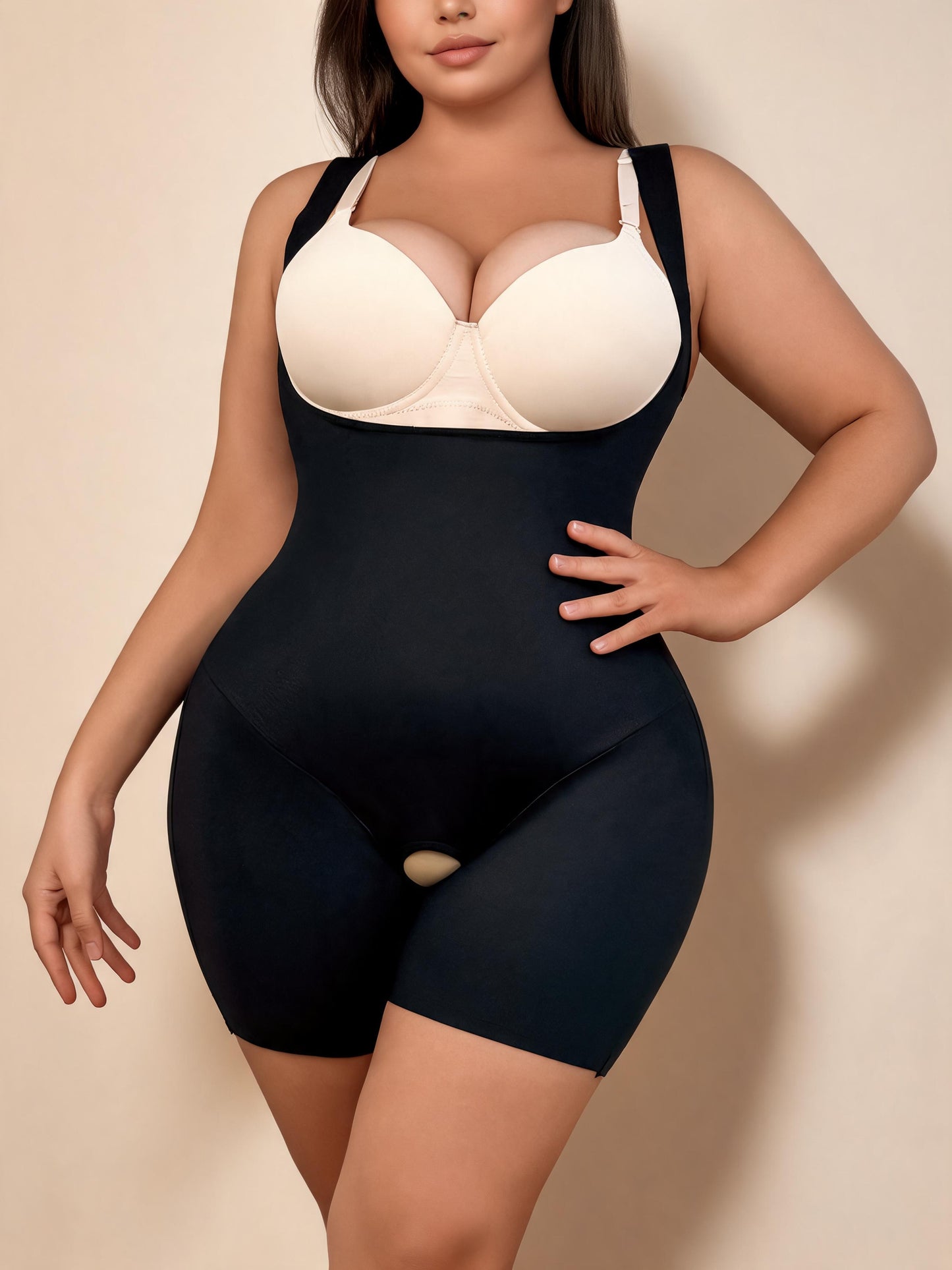 Open Bust Tummy Control Bodysuit with Wide Straps & Easy Pee Crotch without Bra