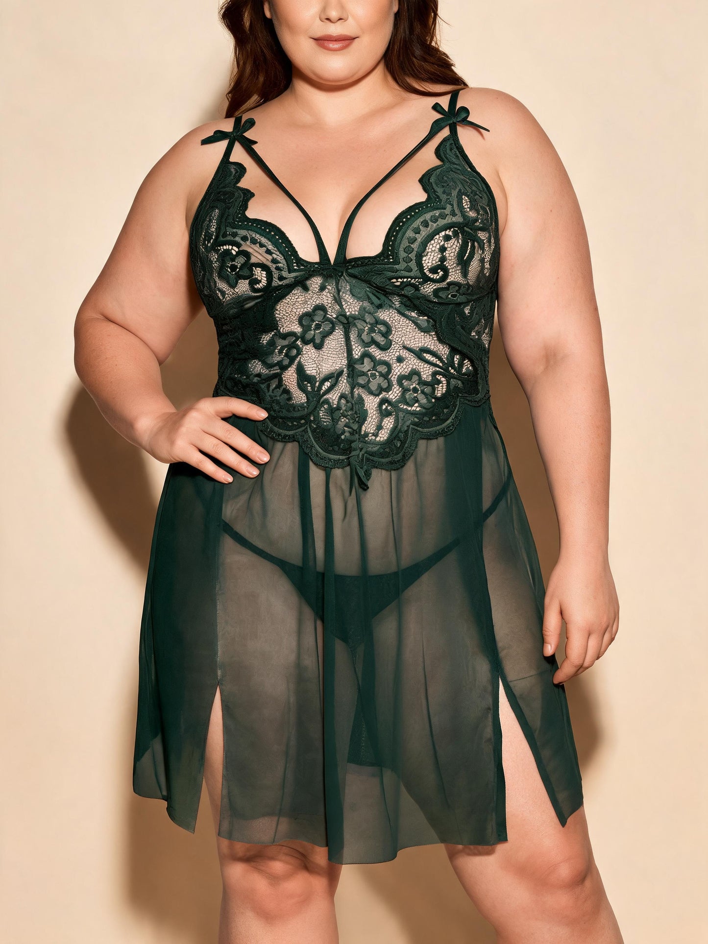 Strappy Front Open Chemise with High Slit Mesh Bridal Lace Babydoll