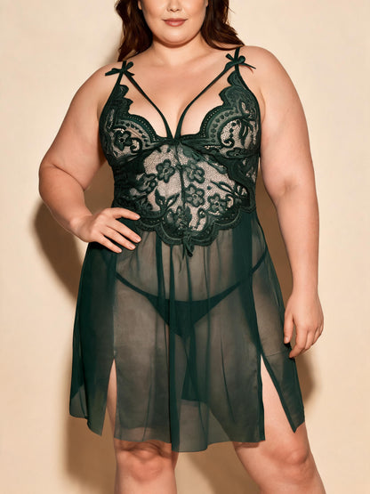 Strappy Front Open Chemise with High Slit Mesh Bridal Lace Babydoll
