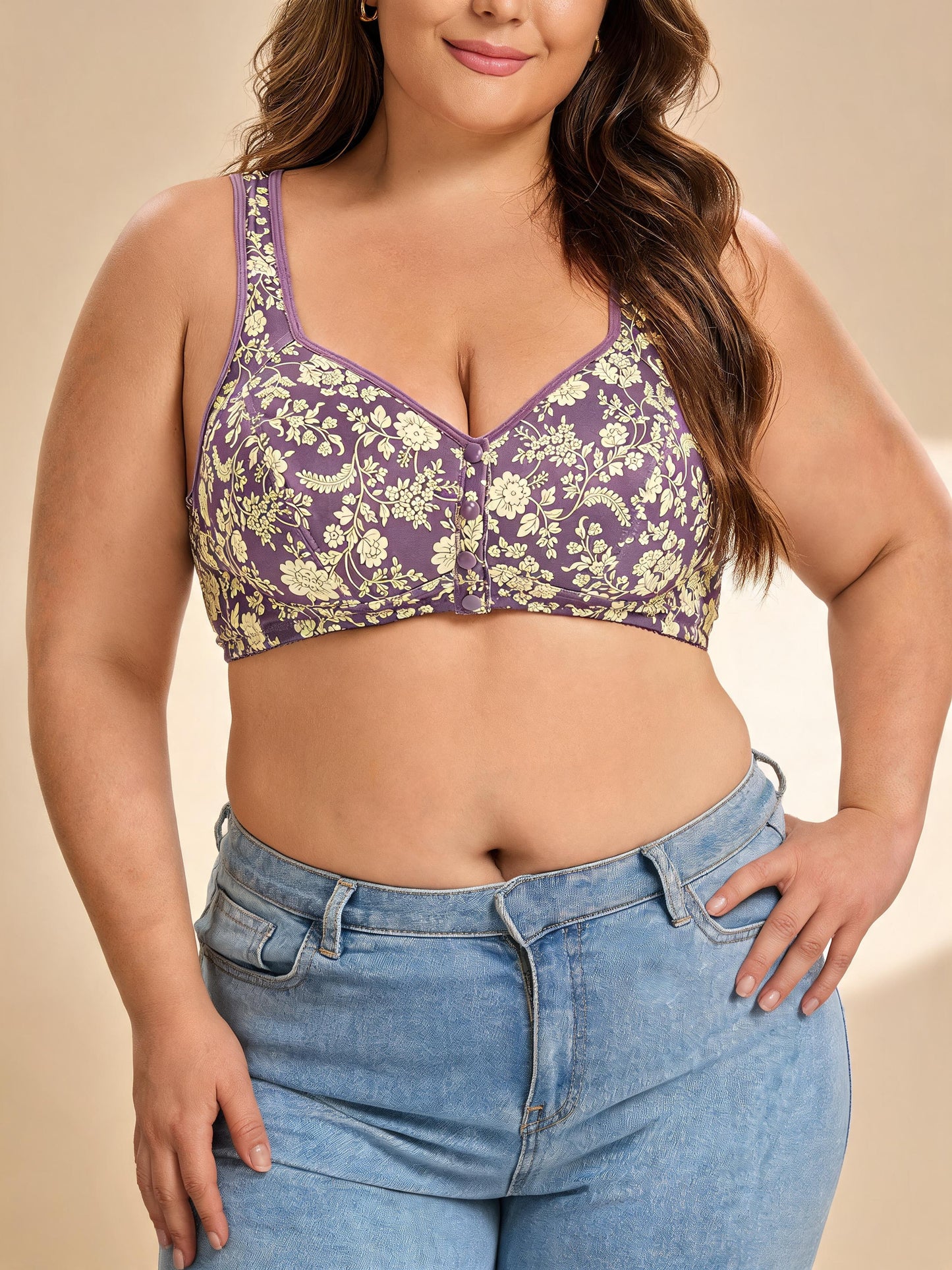 Beige Floral Lace for A-G Cups Front-Closure Bra