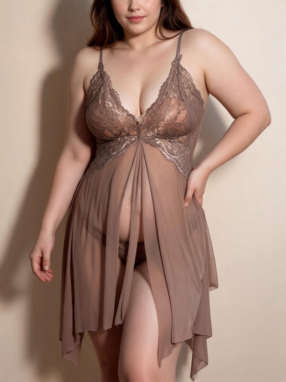 Front Open Mesh Chemise with Bow See-Through Bridal Lace Babydoll