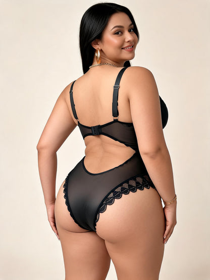Curve-Loving Black Satin Corset Bodysuit with Lace Trim