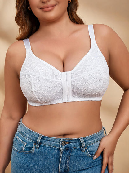 Wireless Full Coverage Bralette White Lace Front Closure Bra