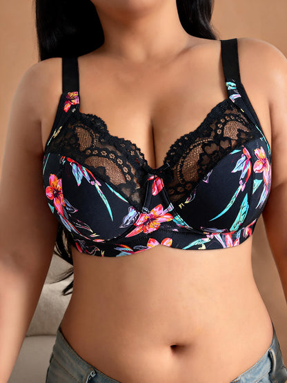 Sexy Printed Push Up Minimizer & Lifting Design Floral Lace U-Back Bra