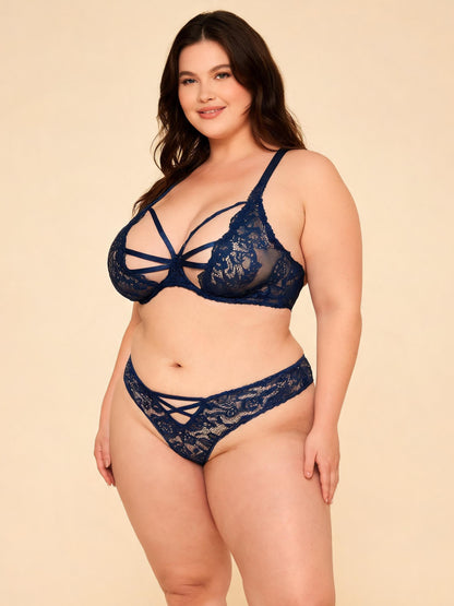 Navy Blue Lace Strappy Bra Set Crisscross Embroidered Bralette and Panty