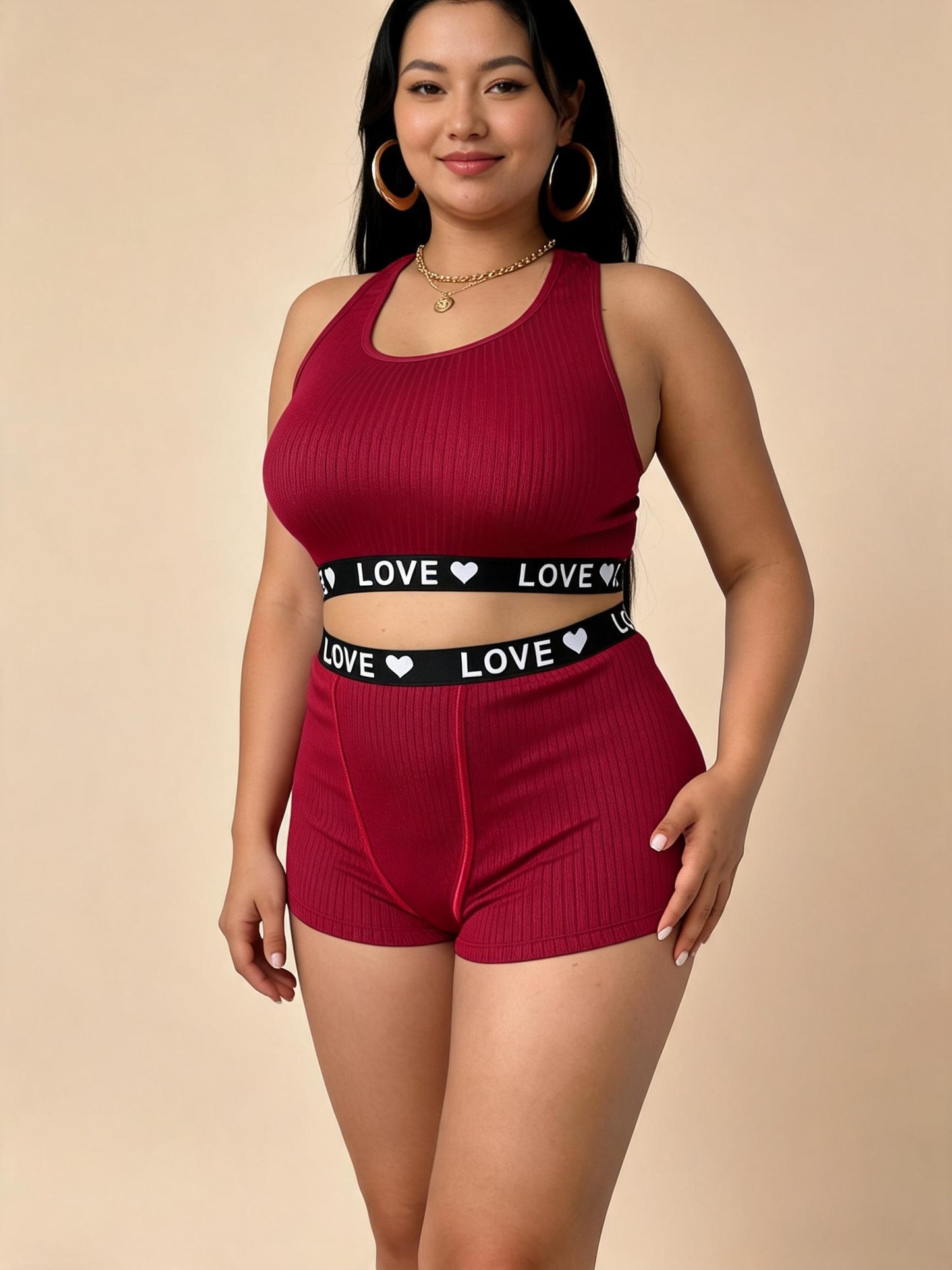 Burgundy Ribbed Crop Top & Shorts Set with “LOVE” Waistband