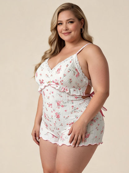 Pink Floral Ribbed Babydoll & Shorts Set with Lace Trim