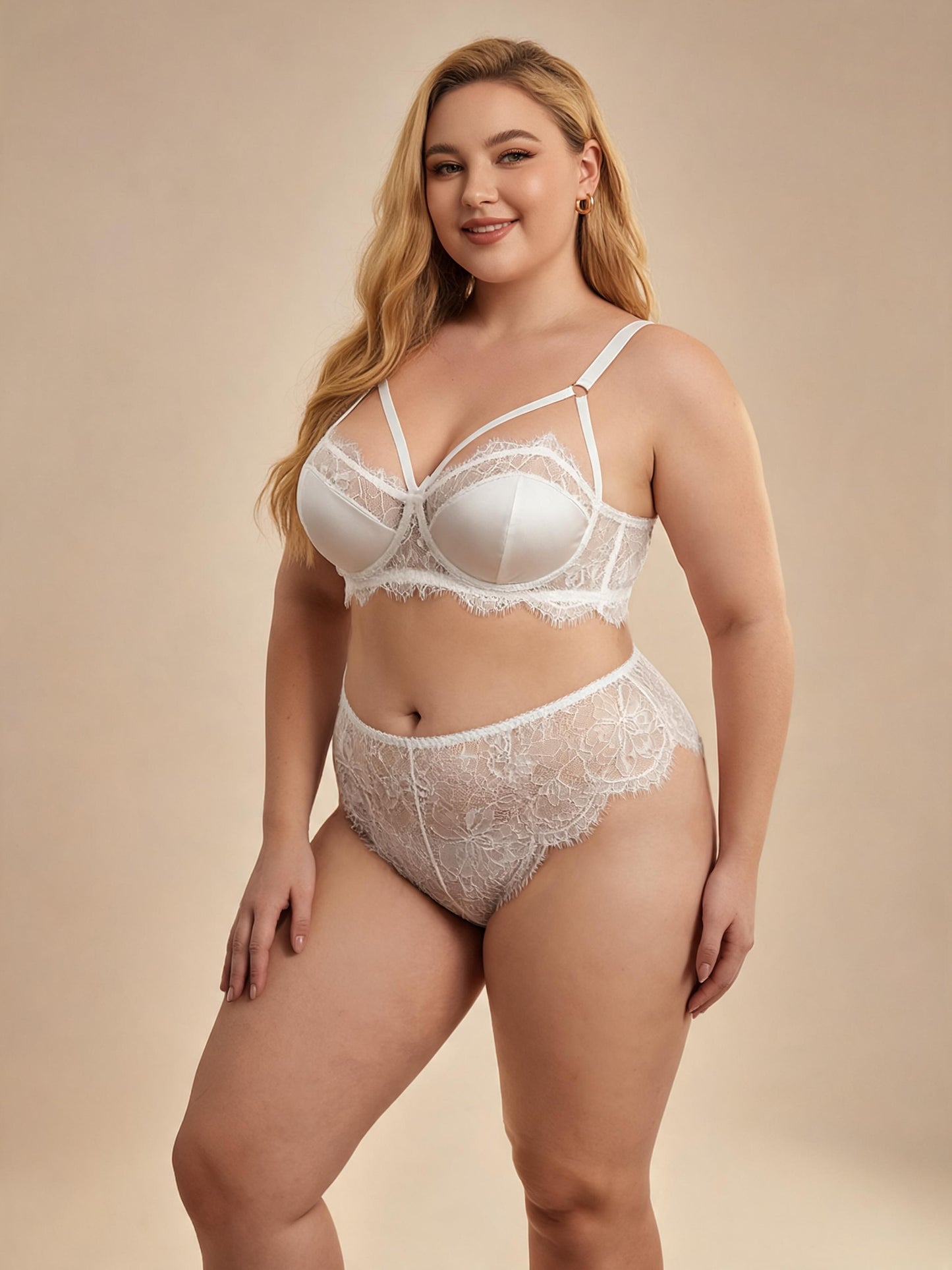White Eyelash Lace Bralette with Satin Cups & Floral Brief Lingerie Set