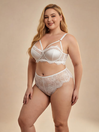 White Eyelash Lace Bralette with Satin Cups & Floral Brief Lingerie Set