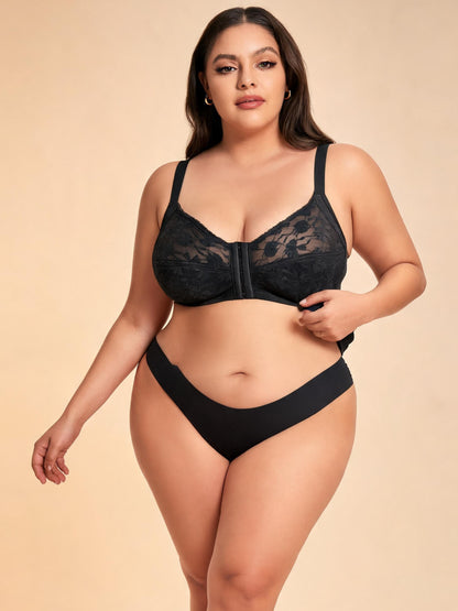 Plus Size Lace Front-Closure Bra & Brief Set