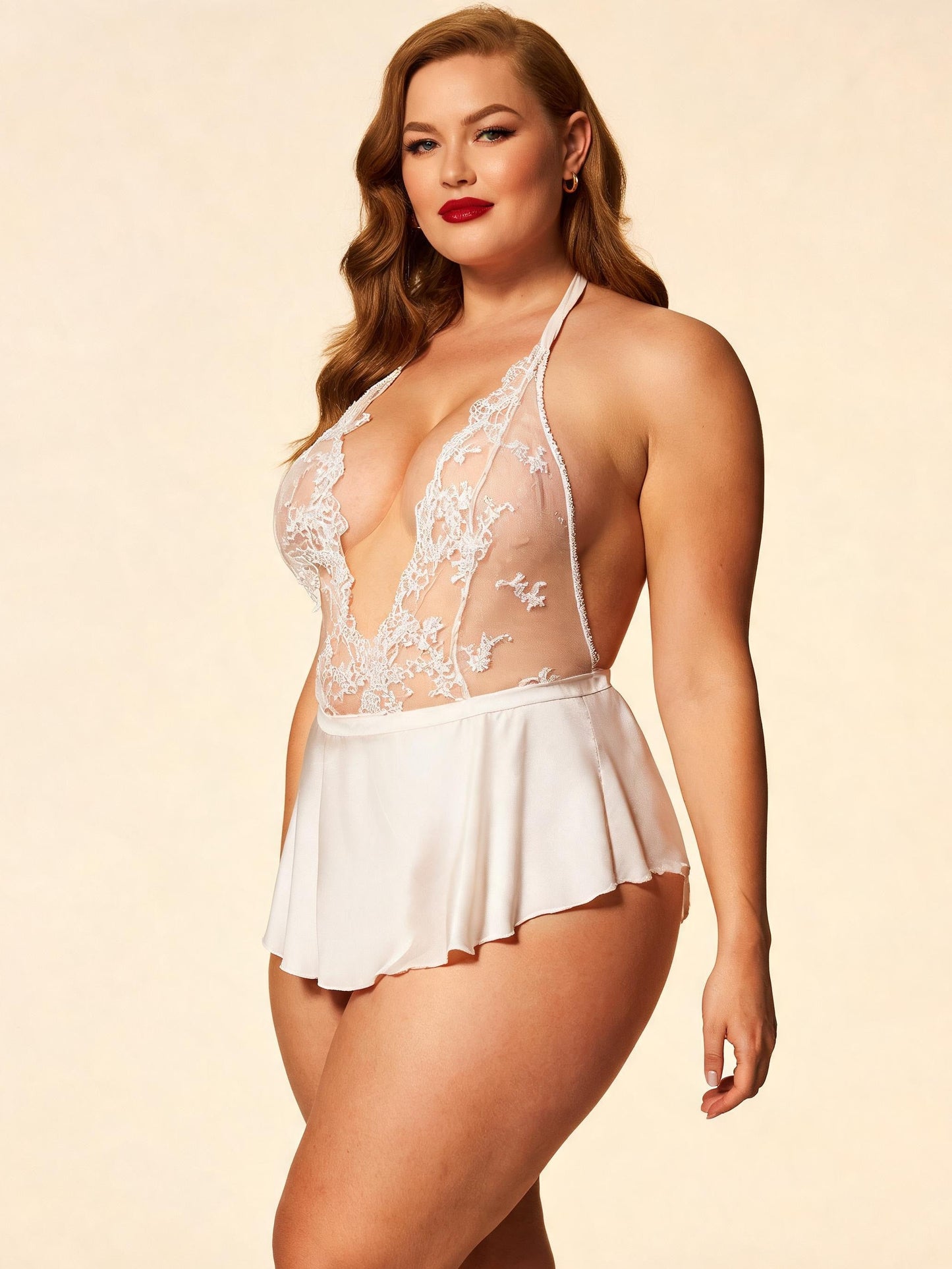 White Halter Neck Sheer Bodysuit with Ruffle Bridal Lingerie Lace Teddy