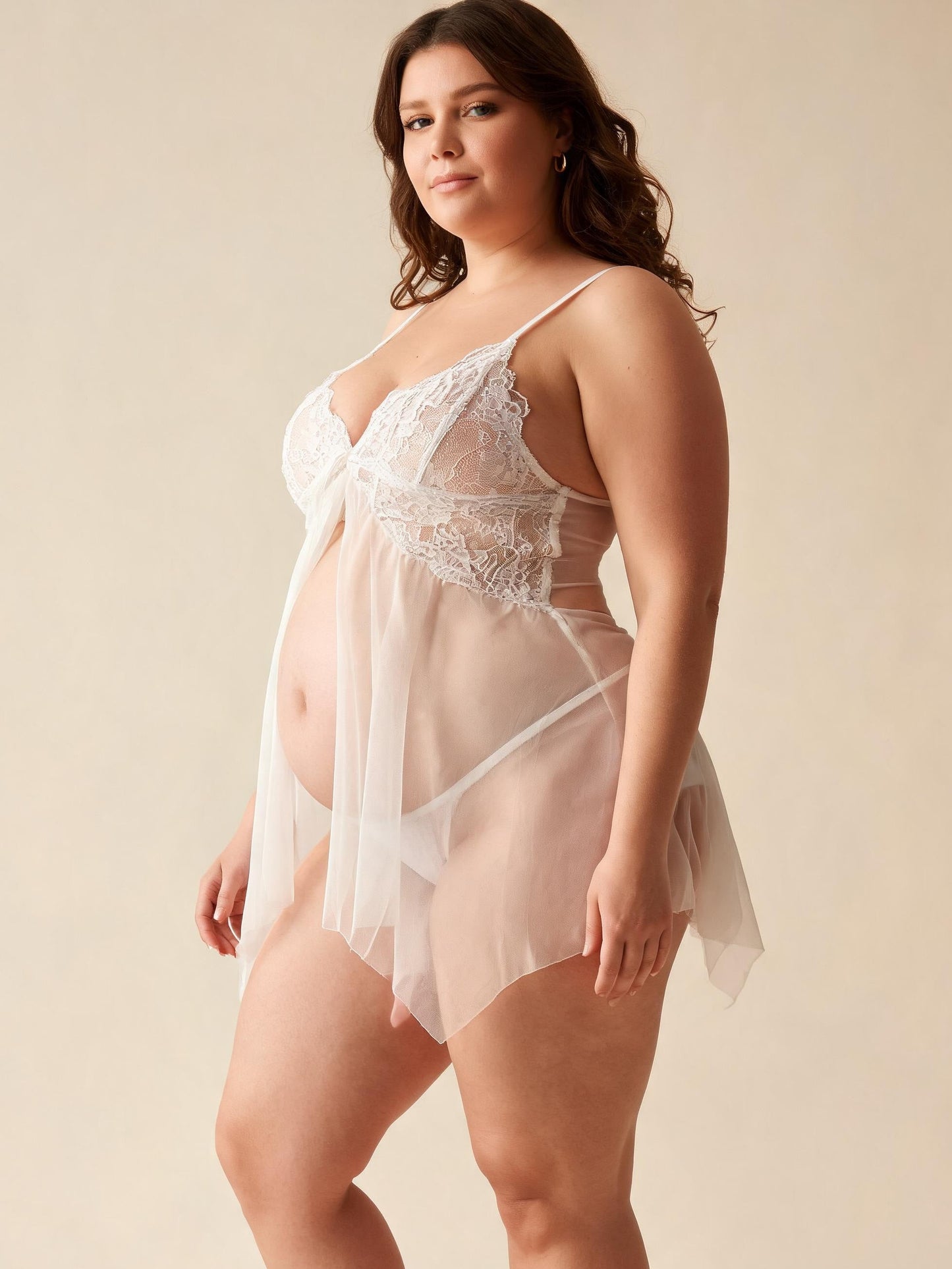 Front Open Mesh Chemise with Bow See-Through Bridal Lace Babydoll