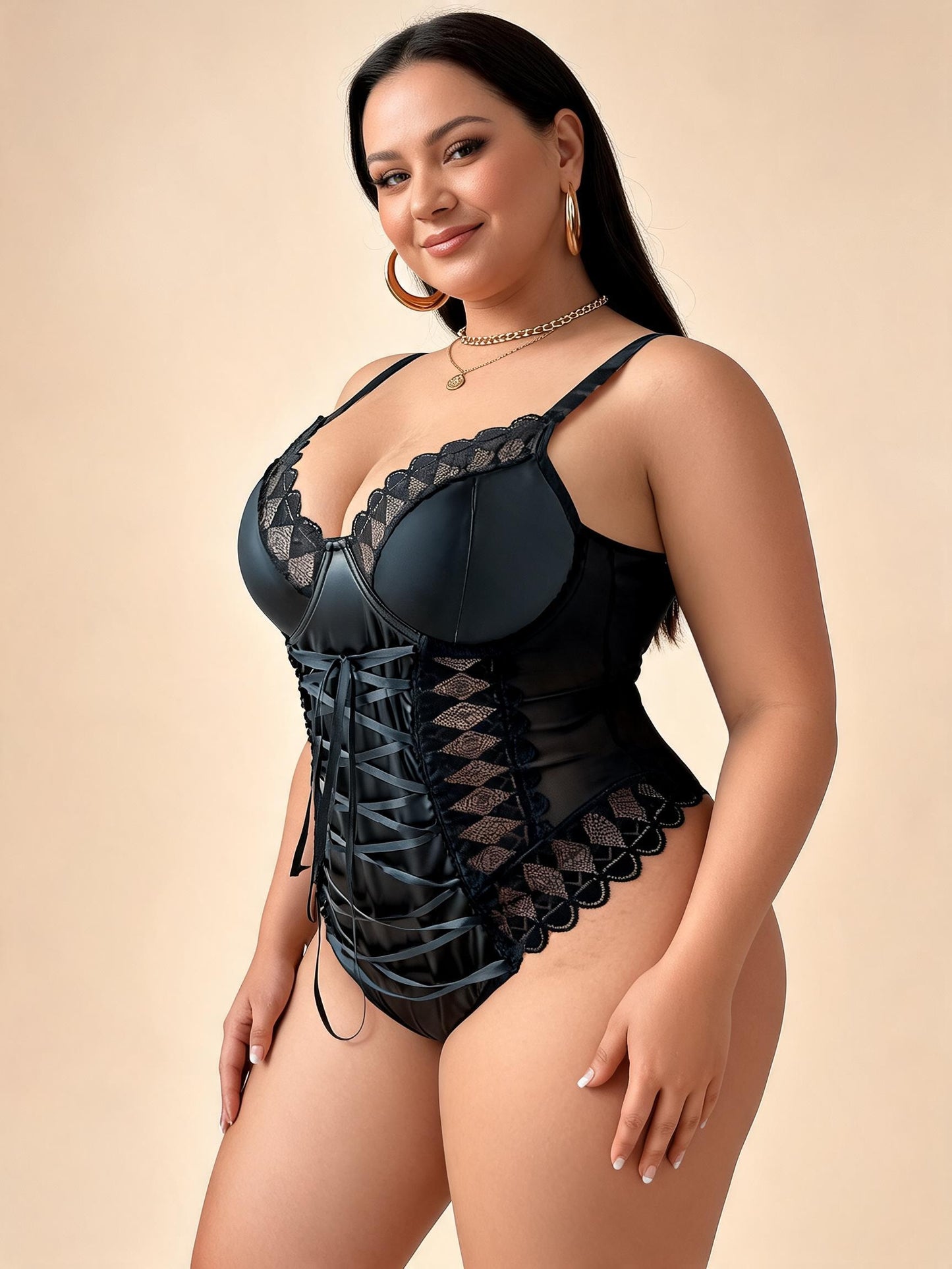 Curve-Loving Black Satin Corset Bodysuit with Lace Trim