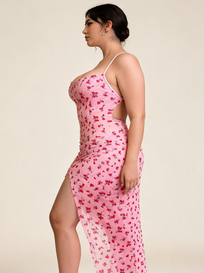 Pink Cherry Print Satin Maxi Nightgown with High Slit