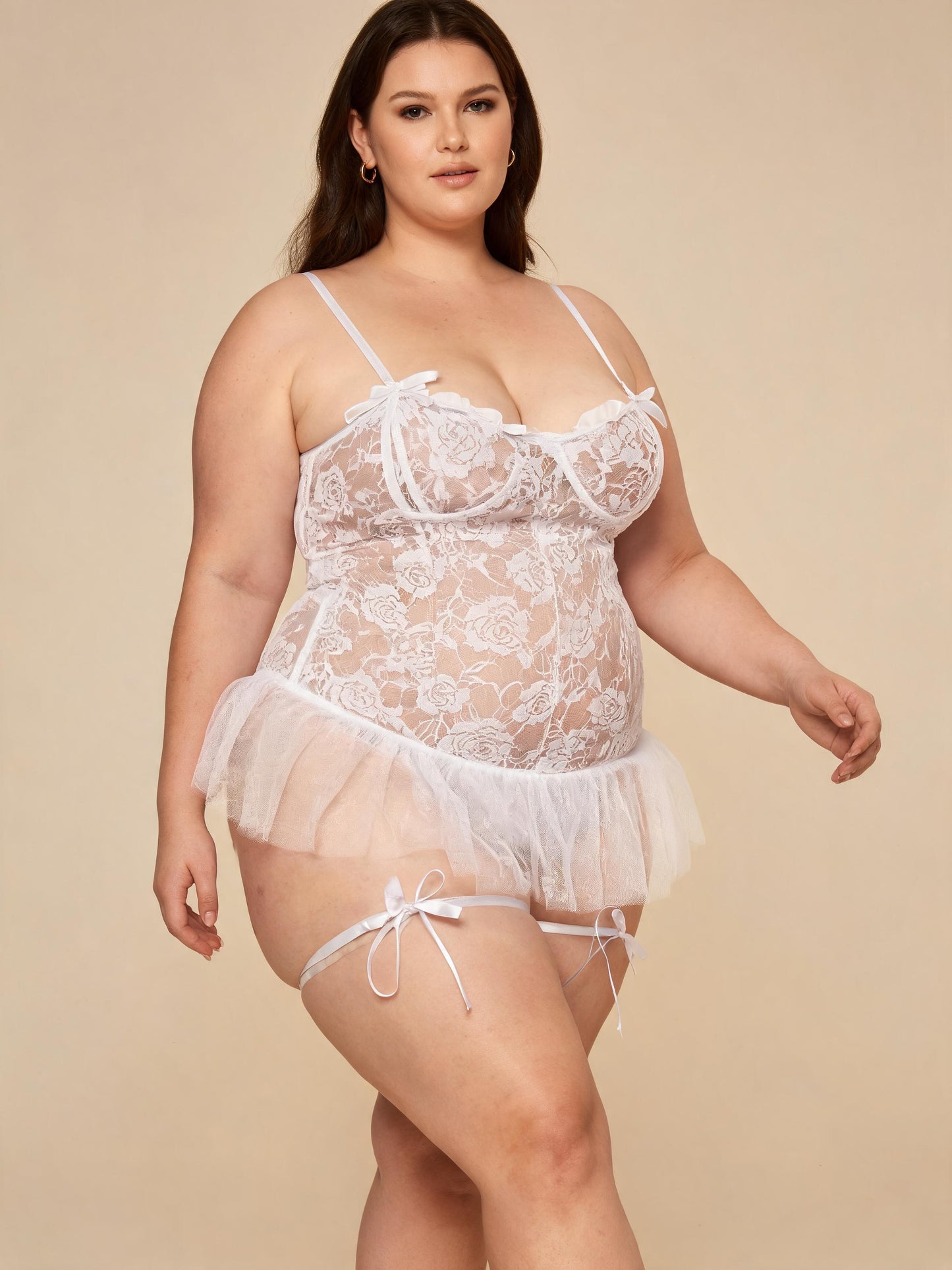 Floral Lace Teddy with Tulle Ruffle Skirt Sexy Bow Strap Bridal Nightgown