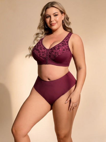 Plus Size Front Clasp Full Coverage Bra & High Waist Brief with Lace