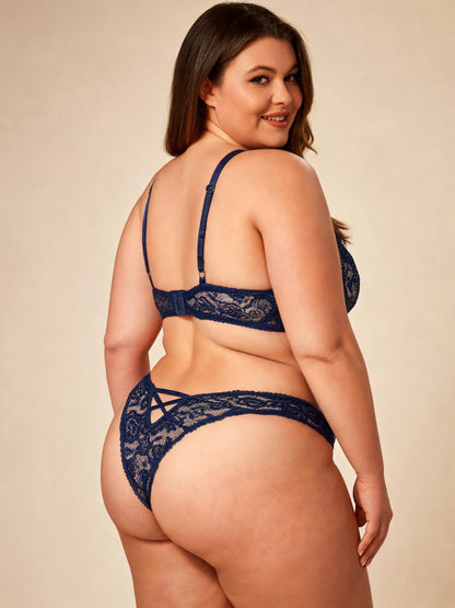 Navy Blue Lace Strappy Bra Set Crisscross Embroidered Bralette and Panty