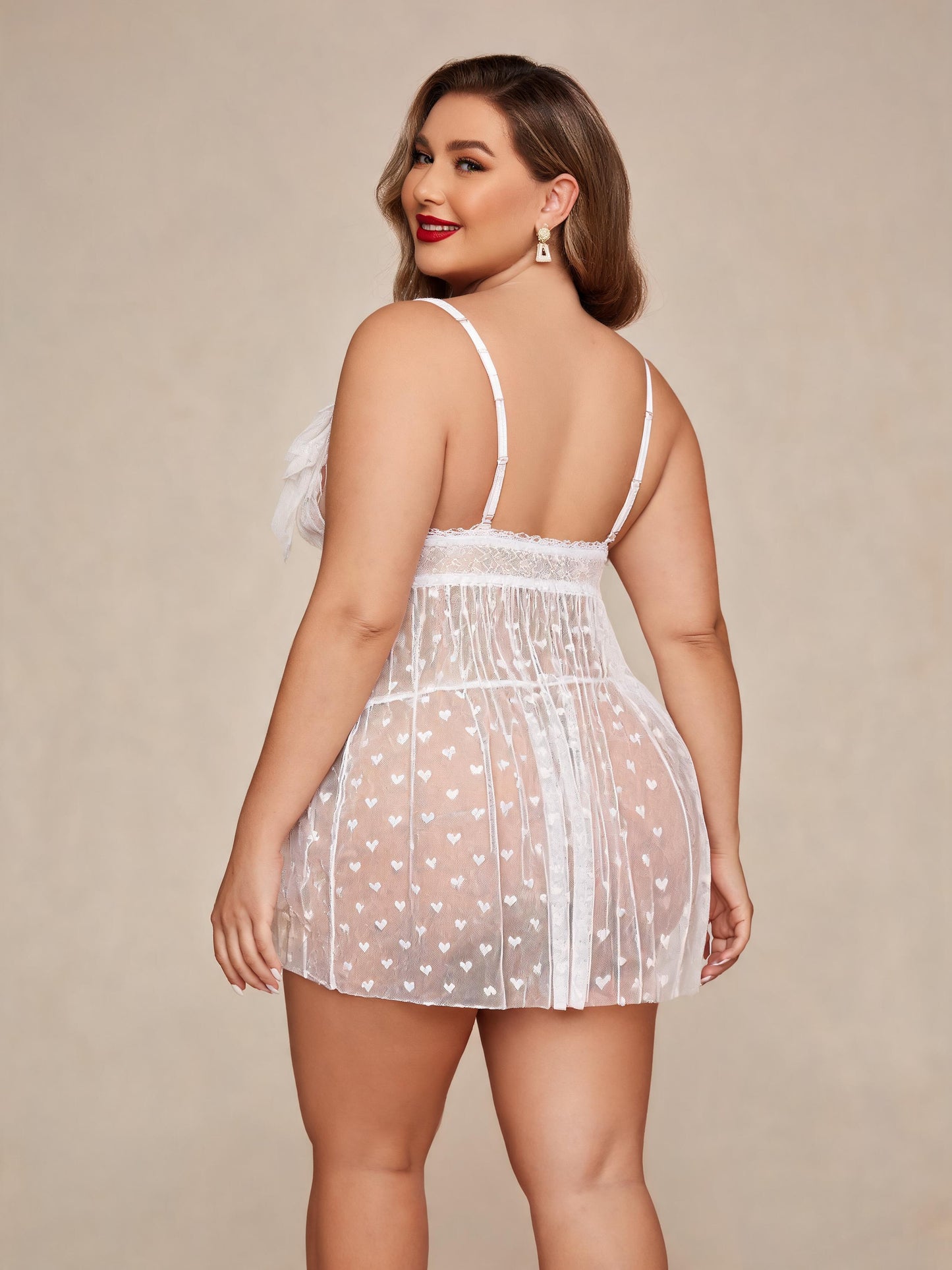 White Lace Heart Mesh Tie Front Babydoll Sheer Bow Straps Nightgown
