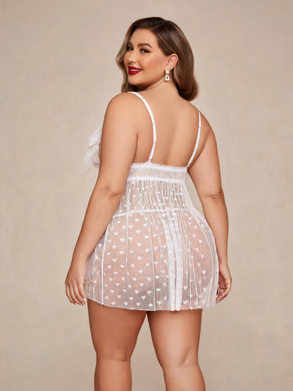 White Lace Heart Mesh Tie Front Babydoll Sheer Bow Straps Nightgown