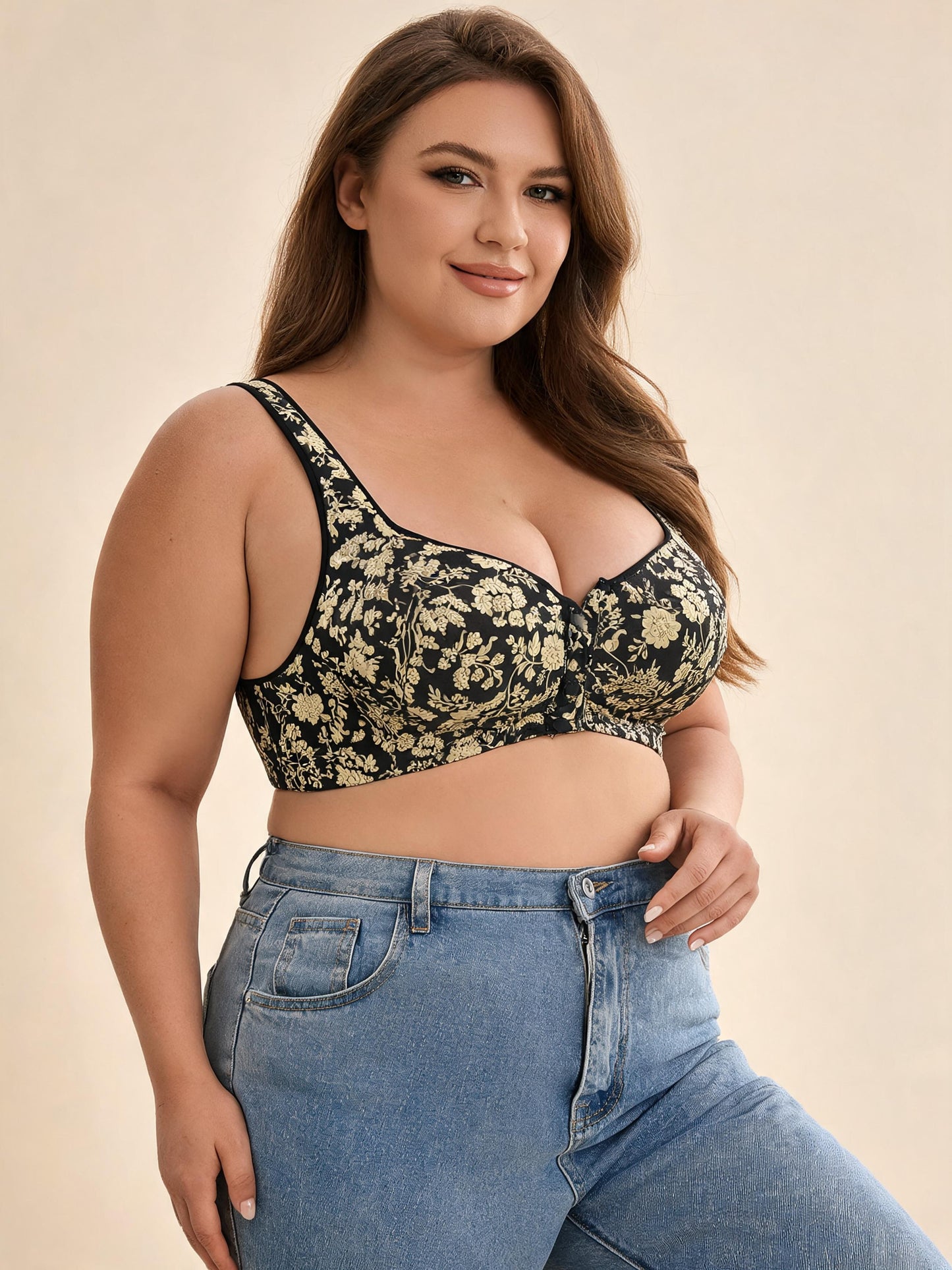 Beige Floral Lace for A-G Cups Front-Closure Bra