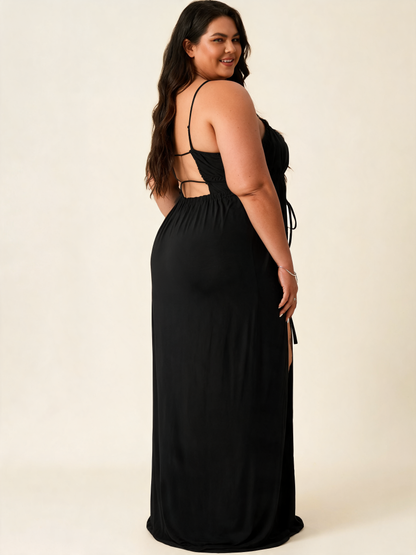 Plus Size Black Satin Slip Dress with Side Ties and High Slit