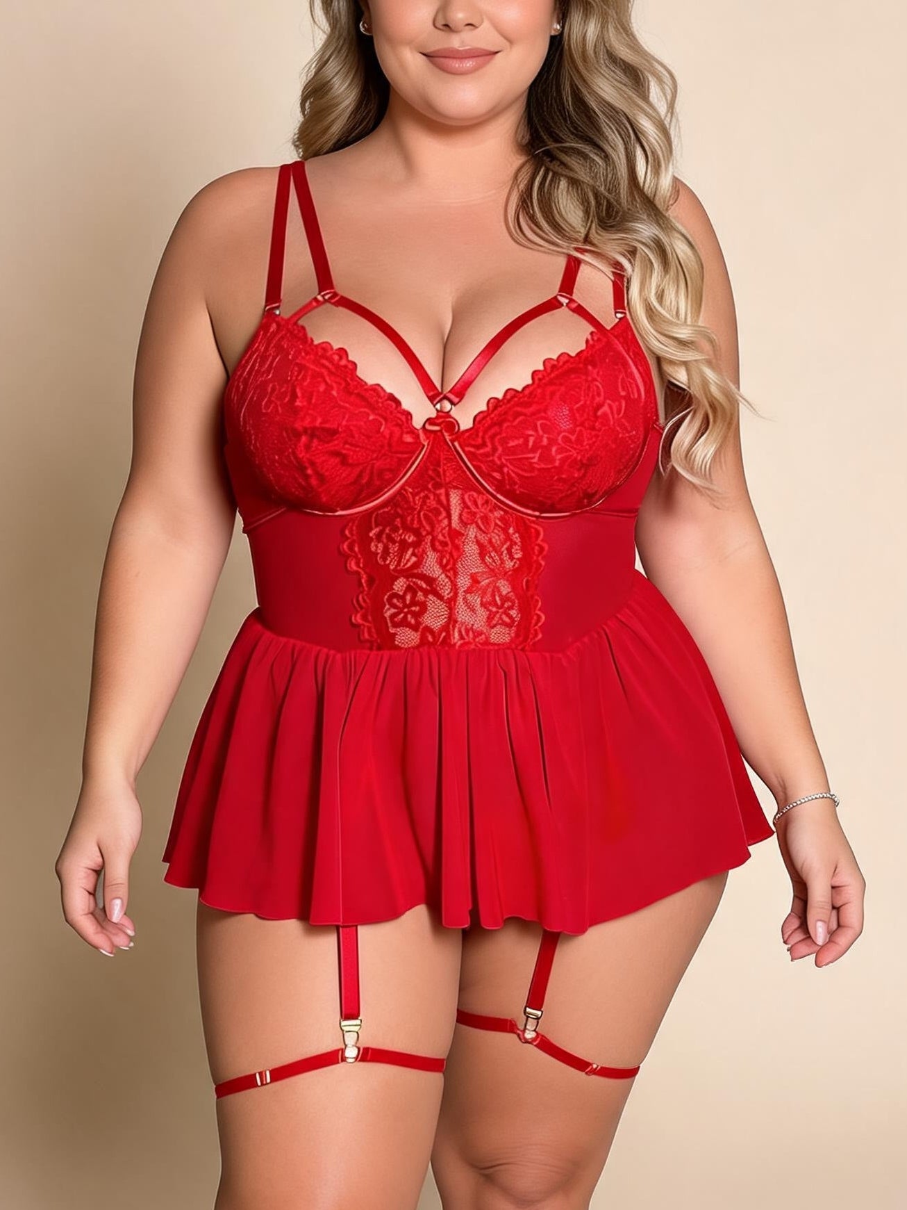 Plus Size Lace & Mesh Babydoll Chemise with Gold Garter Clips