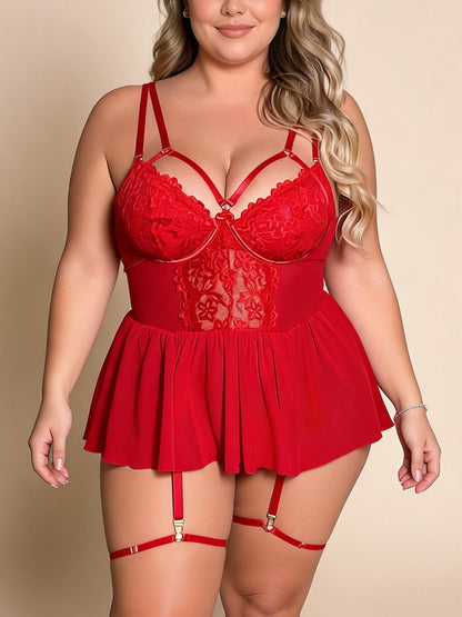 Plus Size Lace & Mesh Babydoll Chemise with Gold Garter Clips