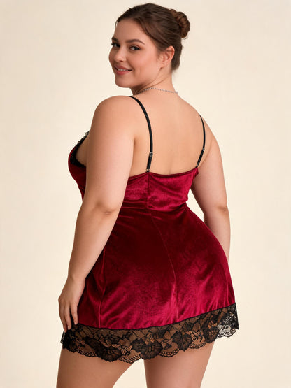 Burgundy Velvet Chemise Nightgown with Black Lace Trim