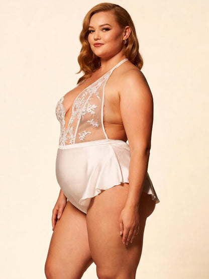White Halter Neck Sheer Bodysuit with Ruffle Bridal Lingerie Lace Teddy