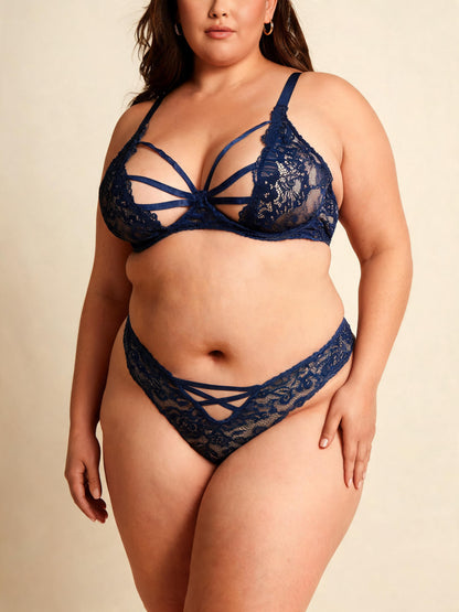Navy Blue Lace Strappy Bra Set Crisscross Embroidered Bralette and Panty