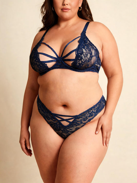 Navy Blue Lace Strappy Bra Set Crisscross Embroidered Bralette and Panty