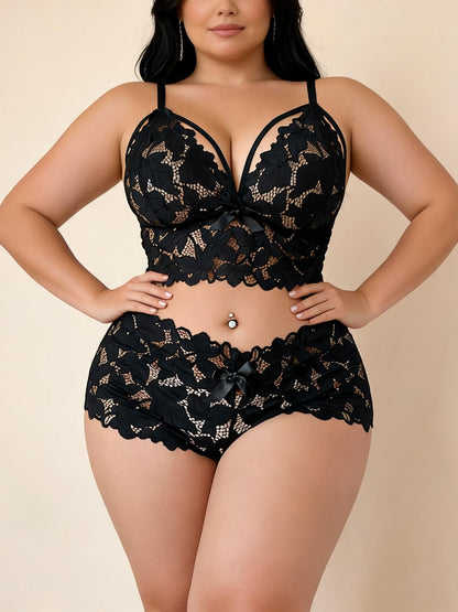 Black Floral Lace Bralette and High-Waisted Boyshorts Set