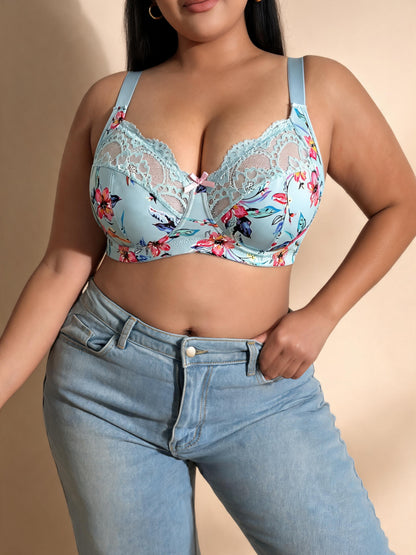 Sexy Printed Push Up Minimizer & Lifting Design Floral Lace U-Back Bra