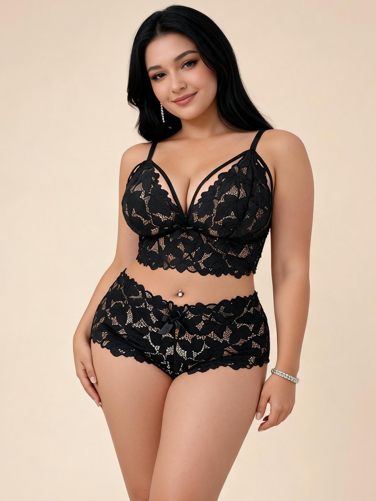 Black Floral Lace Bralette and High-Waisted Boyshorts Set