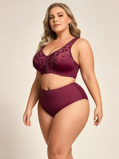 Plus Size Front Clasp Full Coverage Bra & High Waist Brief with Lace