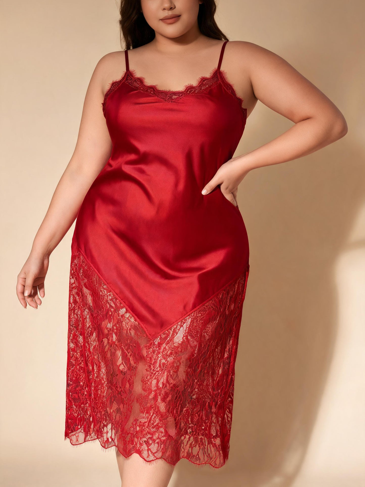 Chemise de nuit en dentelle satinée pour femme, à bretelles spaghetti, ourlet en dentelle transparente, robe de détente sexy