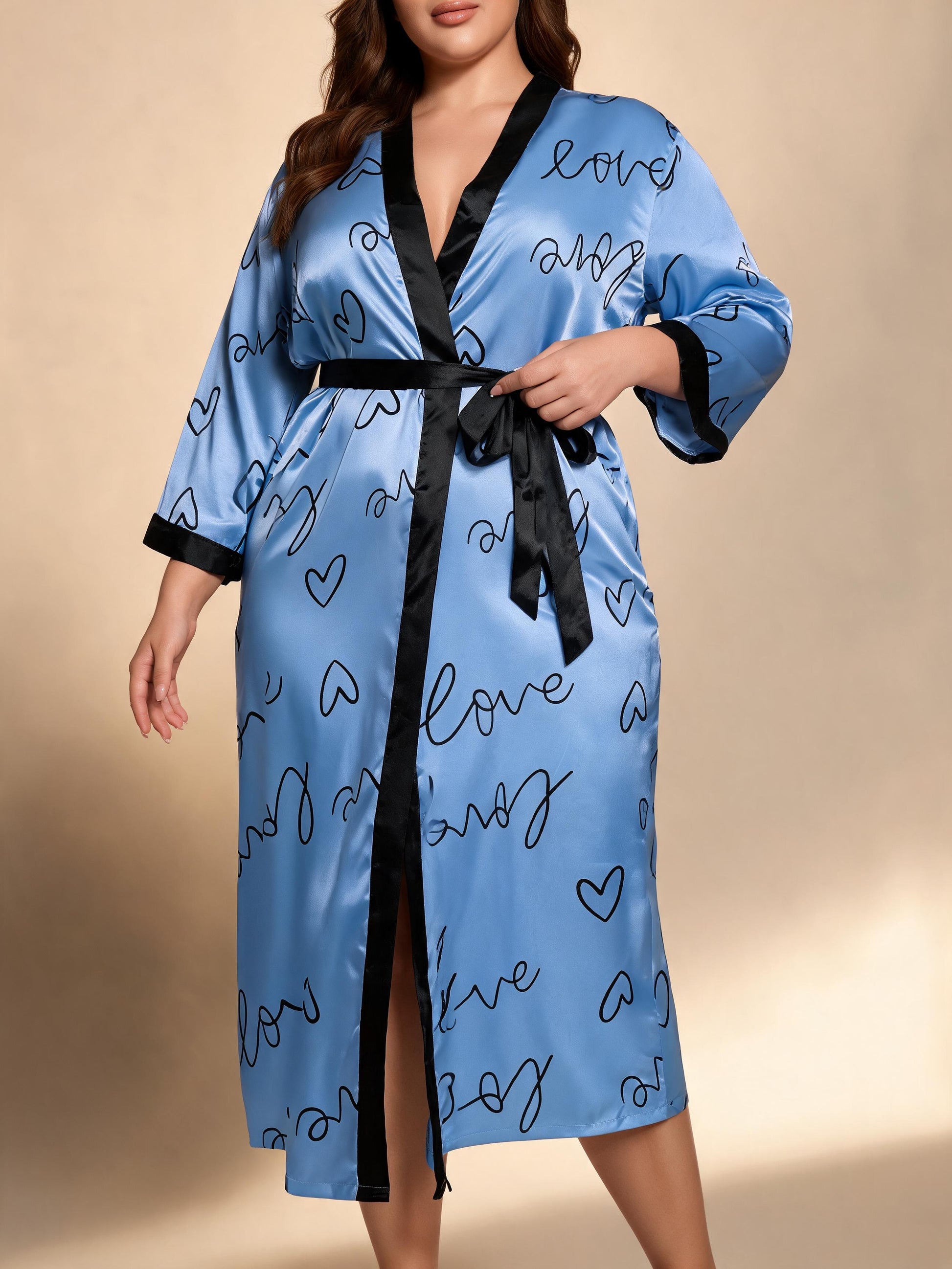 Botanical Muse floral satin kimono robe — blue letters