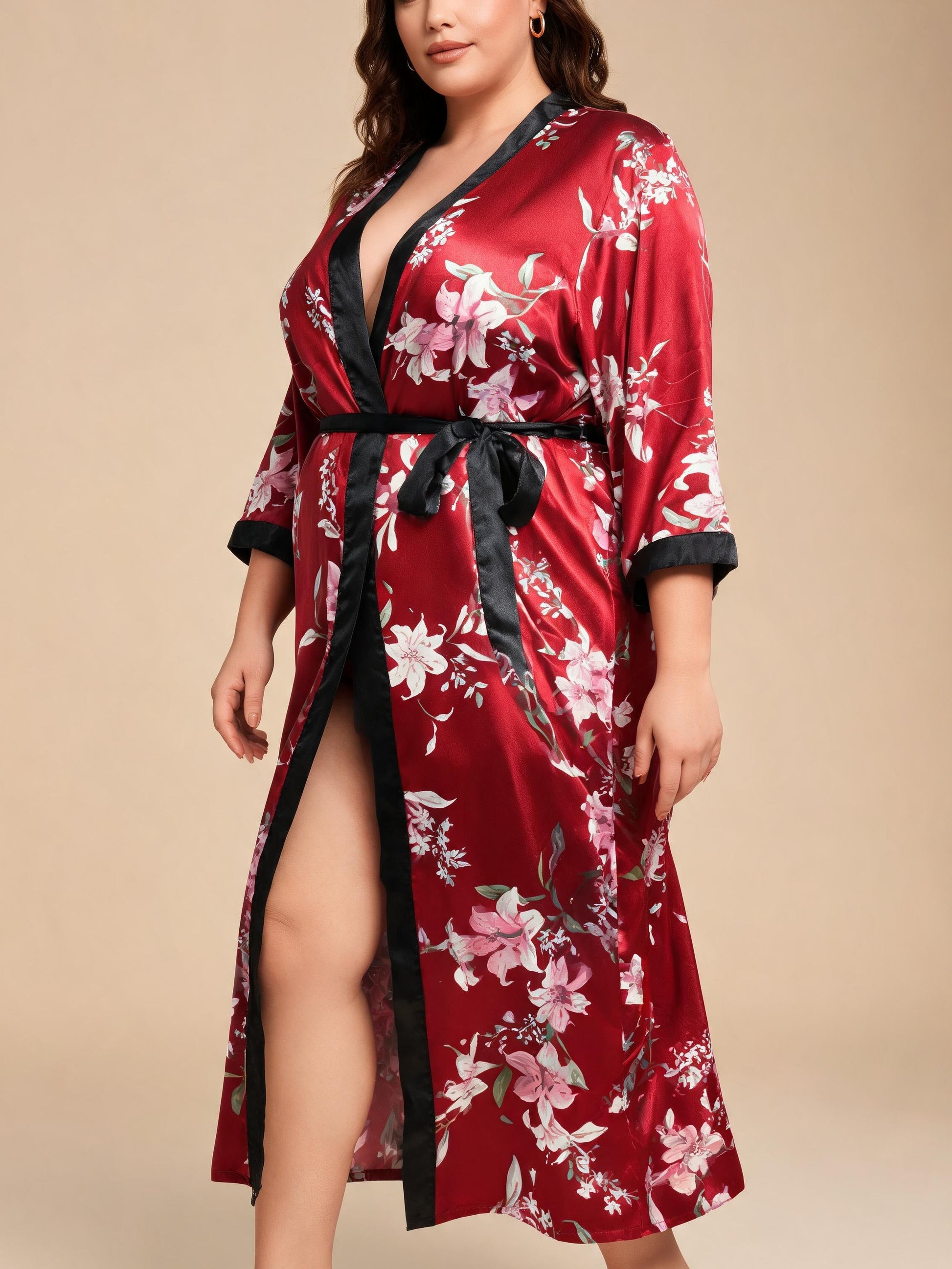 Botanical Muse floral satin kimono robe — detail view