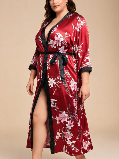 Botanical Muse floral satin kimono robe — detail view
