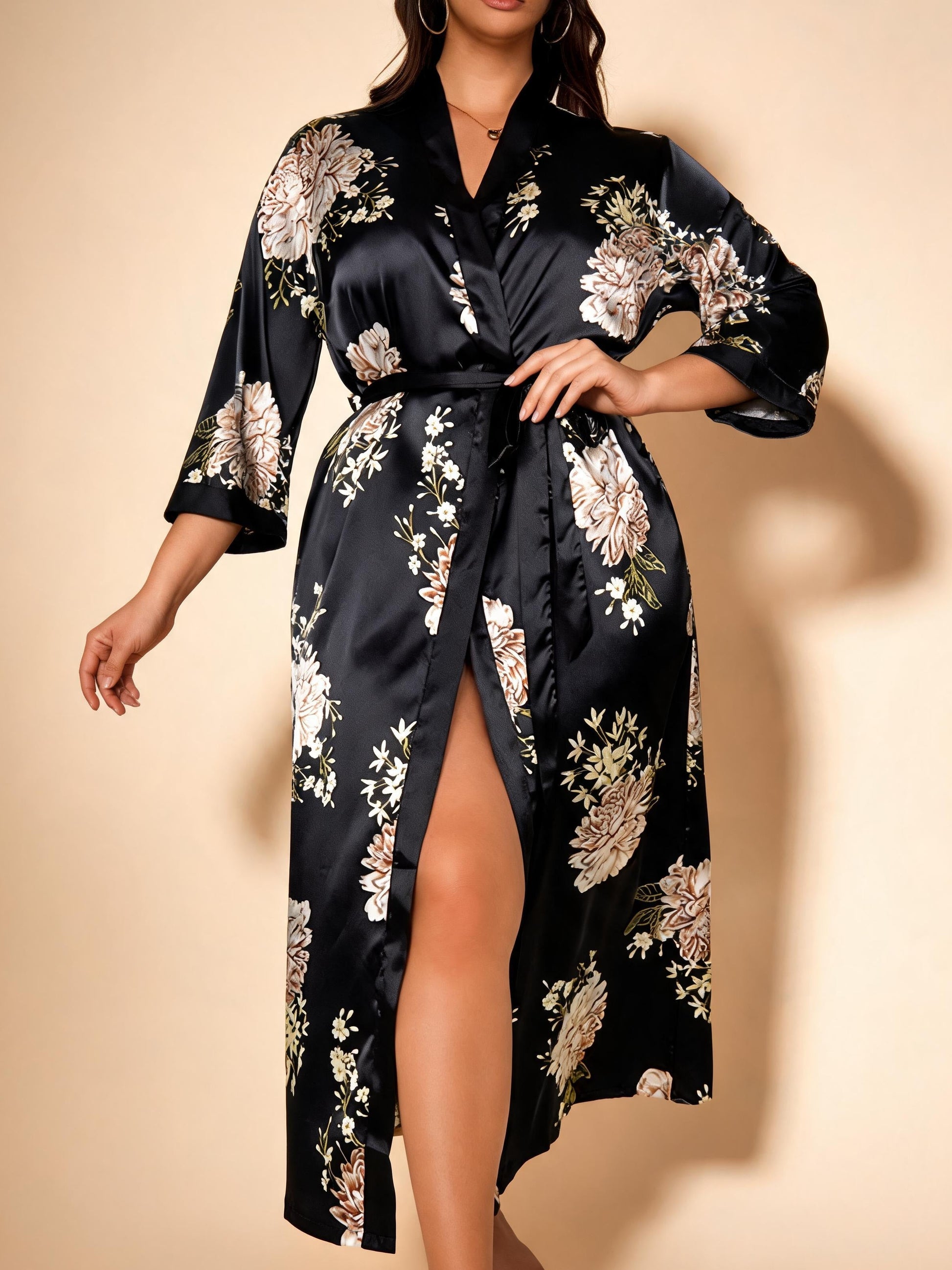 Botanical Muse floral satin kimono robe — Black flower