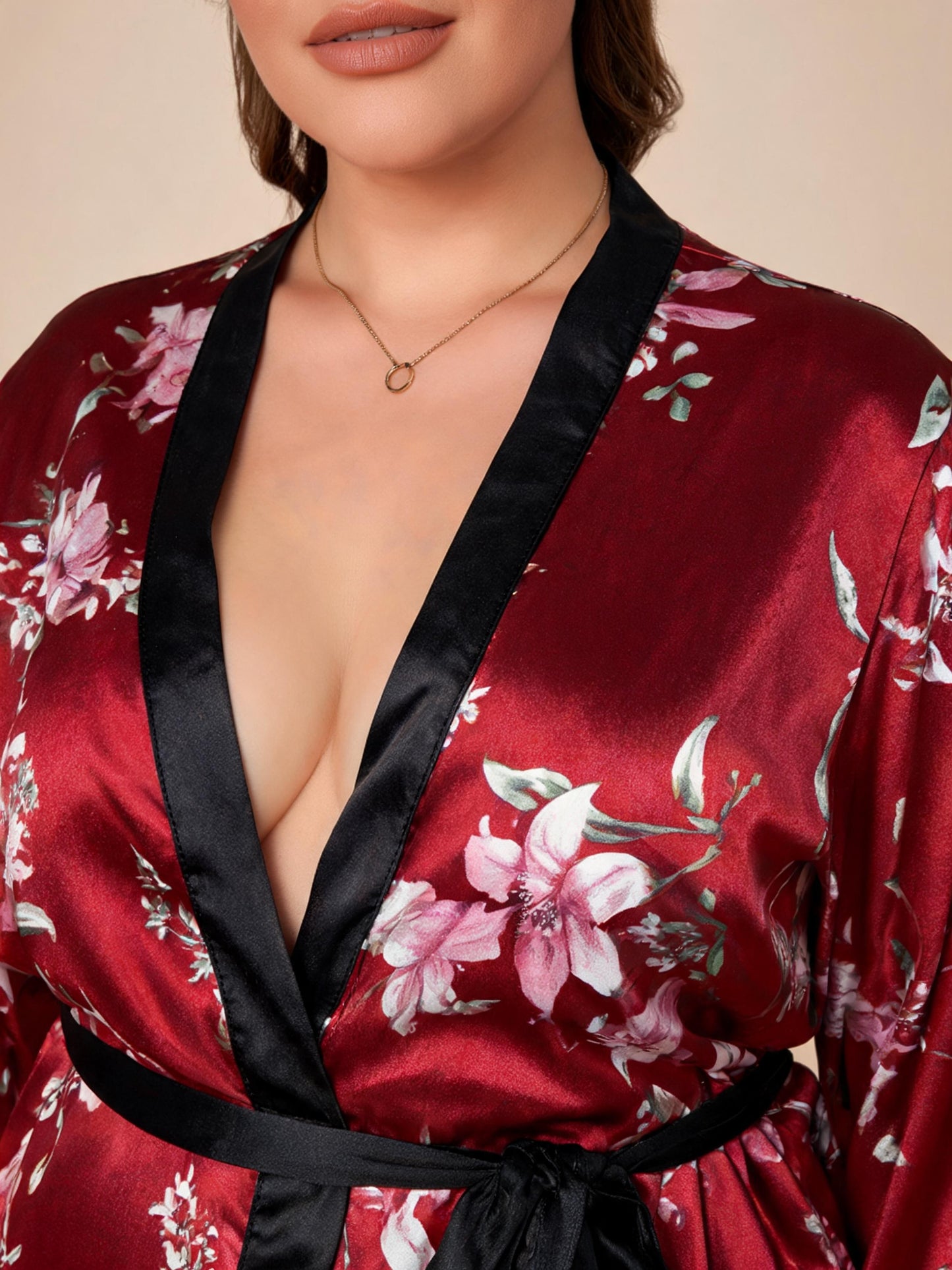 Botanical Muse floral satin kimono robe — detail view