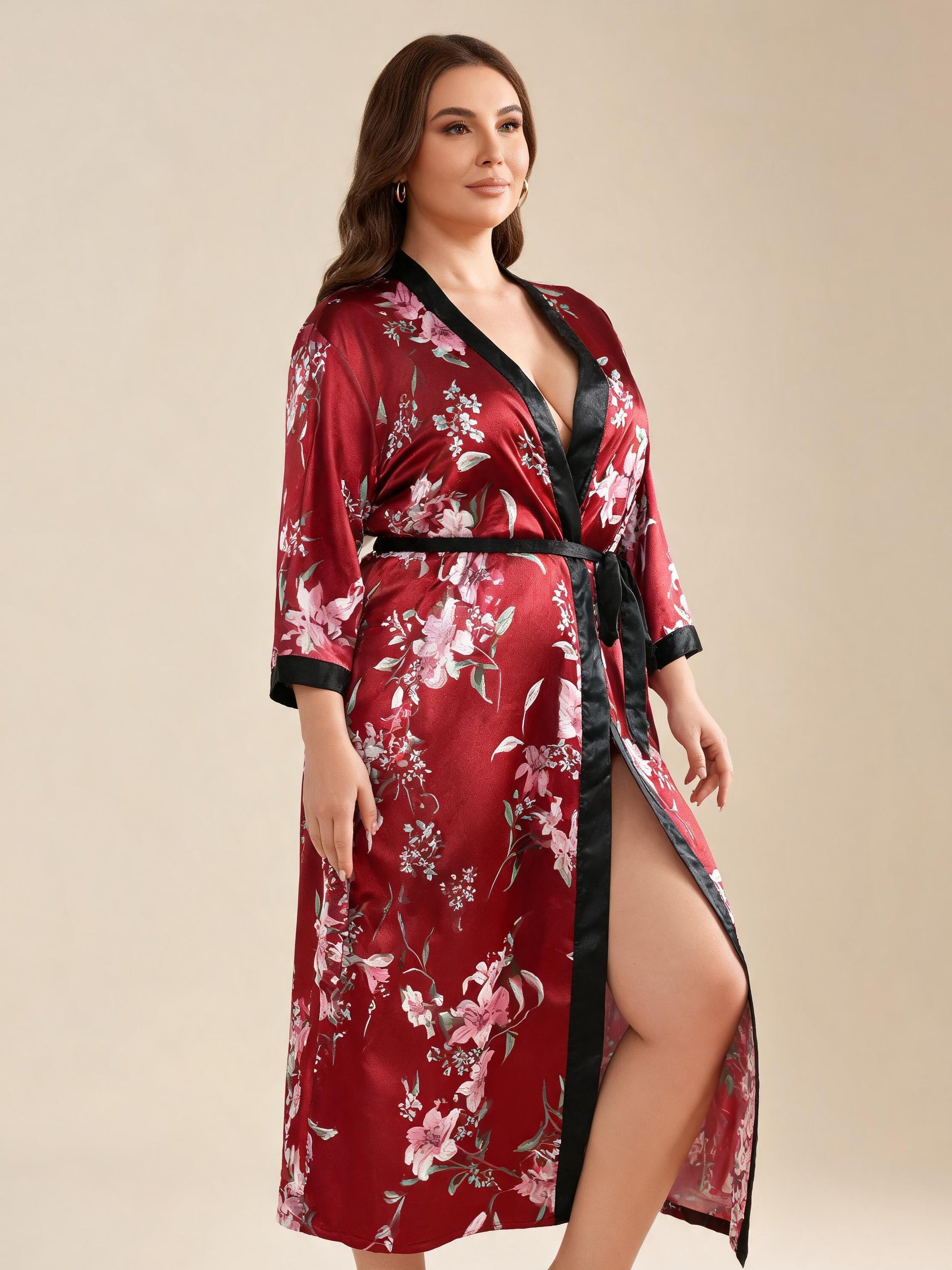Botanical Muse floral satin kimono robe — detail view