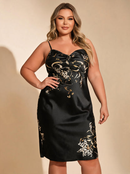 Robe midi en satin pour femme, brodée d'or, col bénitier, élégante robe de soirée pour invitée de mariage