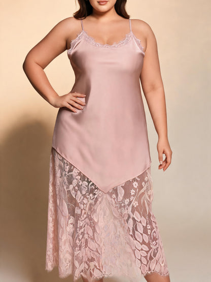 Chemise de nuit en dentelle satinée pour femme, à bretelles spaghetti, ourlet en dentelle transparente, robe de détente sexy