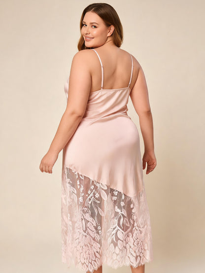Chemise de nuit en dentelle satinée pour femme, à bretelles spaghetti, ourlet en dentelle transparente, robe de détente sexy