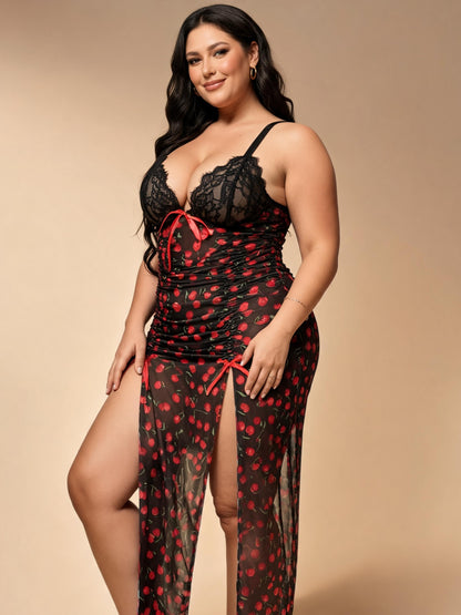 Chemise de Nuit Grande Taille à Imprimé Cerises, Dentelle Noire, Décolleté en V Profond, Nœud et Fente Latérale