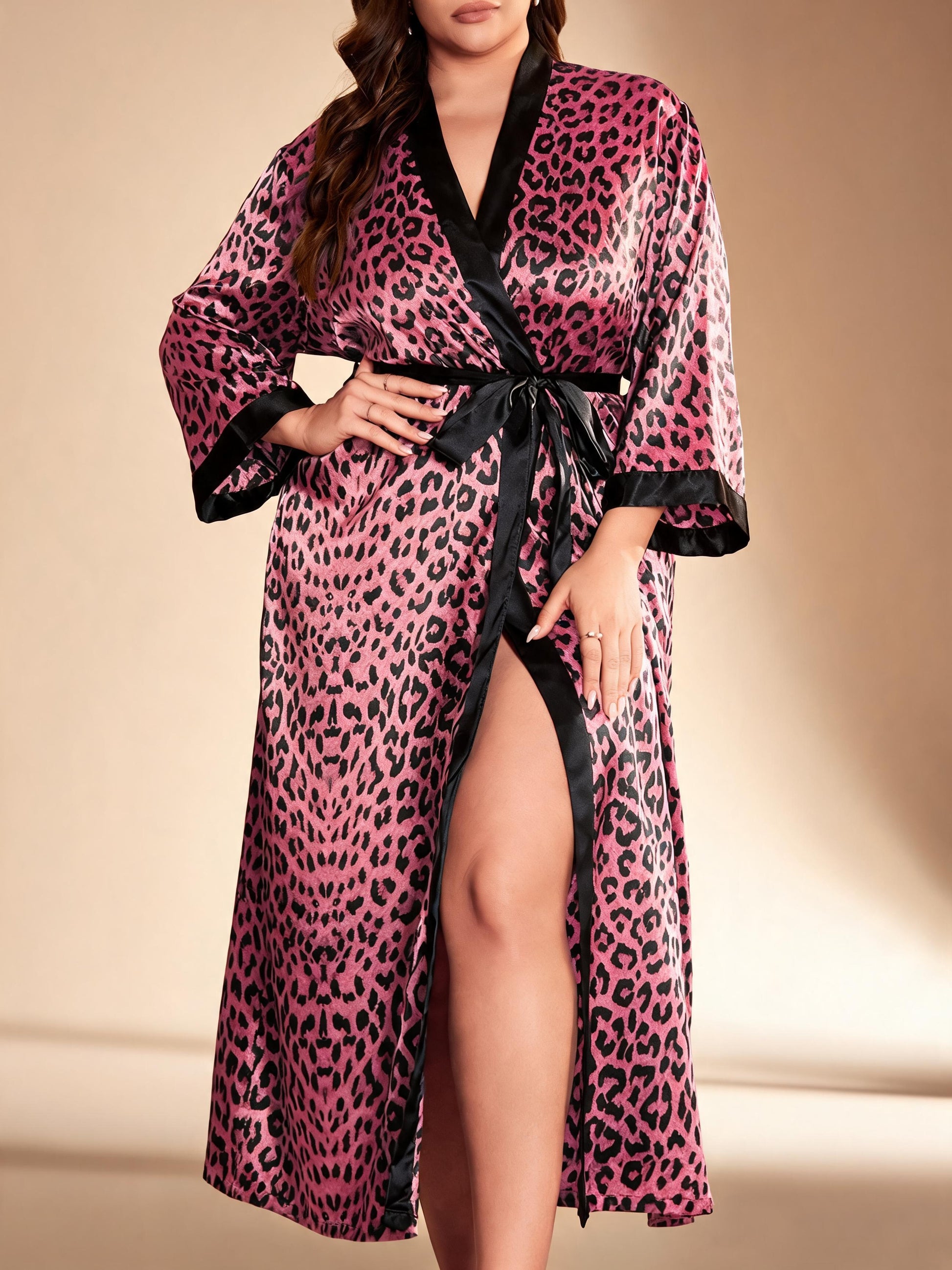 Botanical Muse floral satin kimono robe — Purple Leopard Print