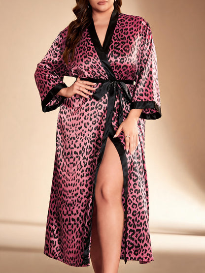 Botanical Muse floral satin kimono robe — Purple Leopard Print