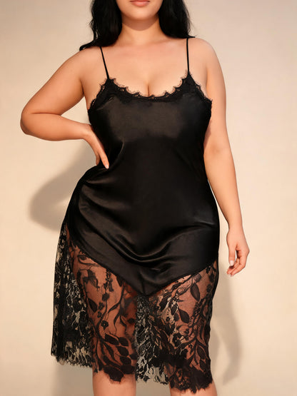 Chemise de nuit en dentelle satinée pour femme, à bretelles spaghetti, ourlet en dentelle transparente, robe de détente sexy